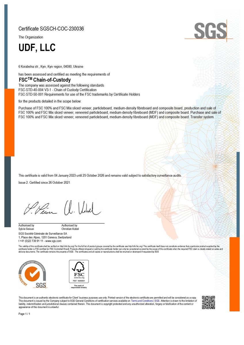 сертификаn  FSC. Компания УДФ